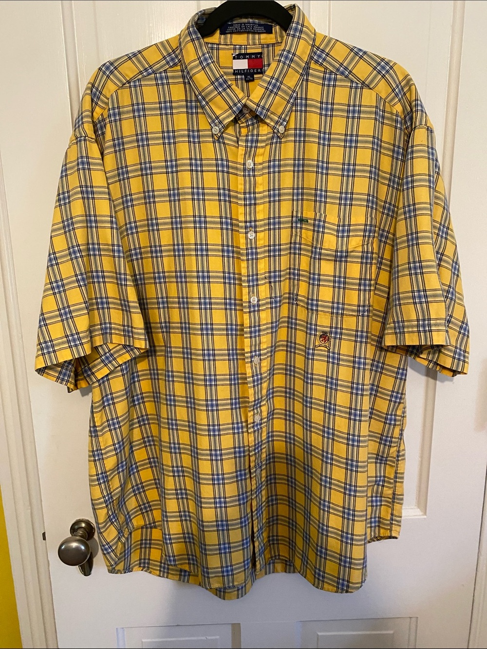 Tommy Hilfiger Yellow and Blue Plaid Short-Sleeve Button-Down Shirt